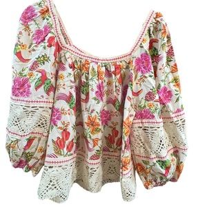 NWT Rachel Zoe Boho Peasant Linen Blend Print Blouse Size Medium